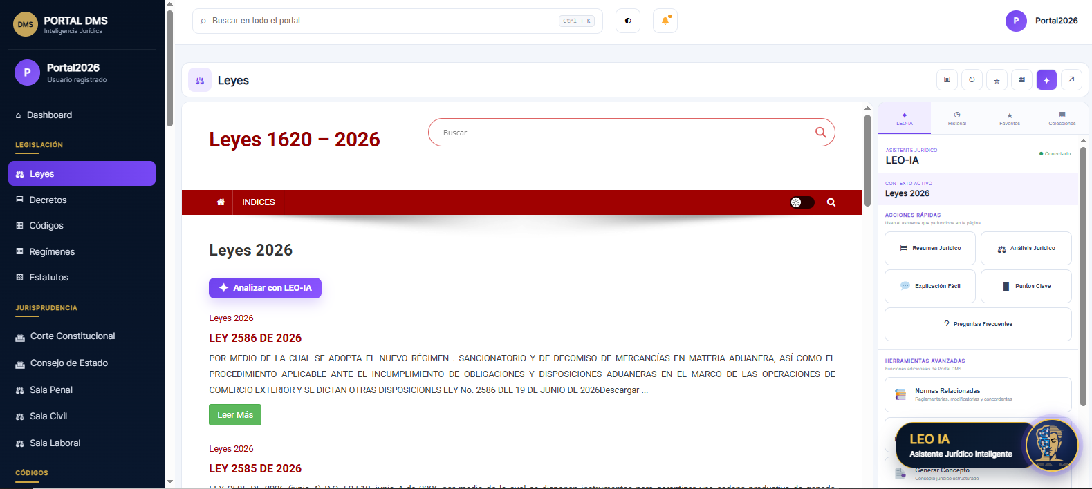 Buscador y listado de leyes dentro de Portal DMS
