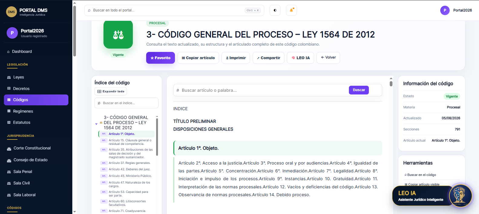 Código General del Proceso abierto con índice por artículos y buscador