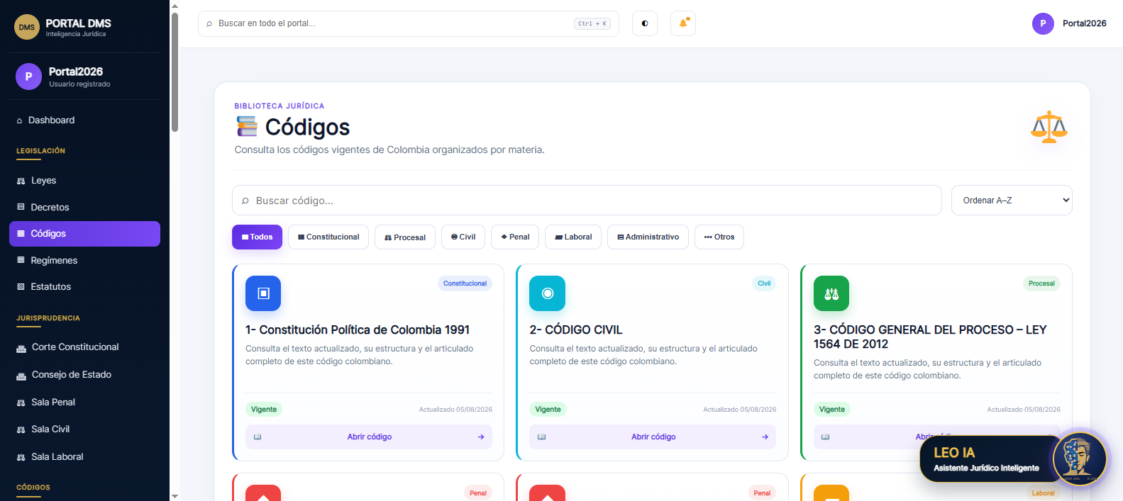Biblioteca de códigos colombianos organizada por materia